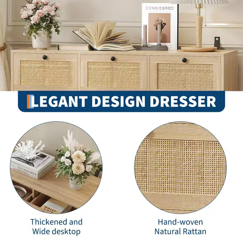 Cassettiera in Rattan a 7 Cassetti, Cassettiera Boho Larga 120 cm, Cassettiera, Organizer per Armadio, Cassettiera in Legno Naturale per Camera da Letto, Soggiorno, Ingresso