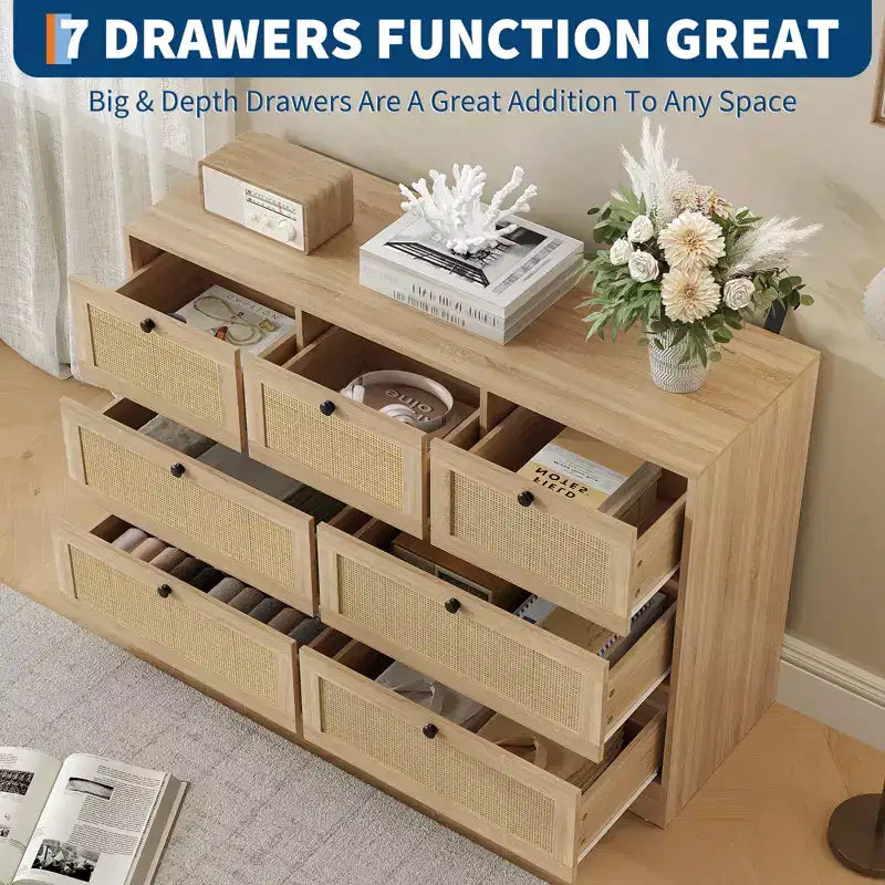 Cassettiera in Rattan a 7 Cassetti, Cassettiera Boho Larga 120 cm, Cassettiera, Organizer per Armadio, Cassettiera in Legno Naturale per Camera da Letto, Soggiorno, Ingresso