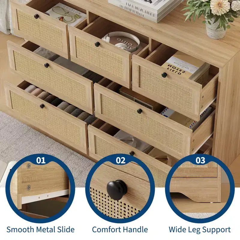 Cassettiera in Rattan a 7 Cassetti, Cassettiera Boho Larga 120 cm, Cassettiera, Organizer per Armadio, Cassettiera in Legno Naturale per Camera da Letto, Soggiorno, Ingresso