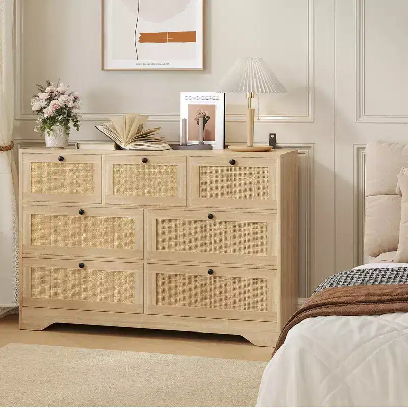 Cassettiera in Rattan a 7 Cassetti, Cassettiera Boho Larga 120 cm, Cassettiera, Organizer per Armadio, Cassettiera in Legno Naturale per Camera da Letto, Soggiorno, Ingresso
