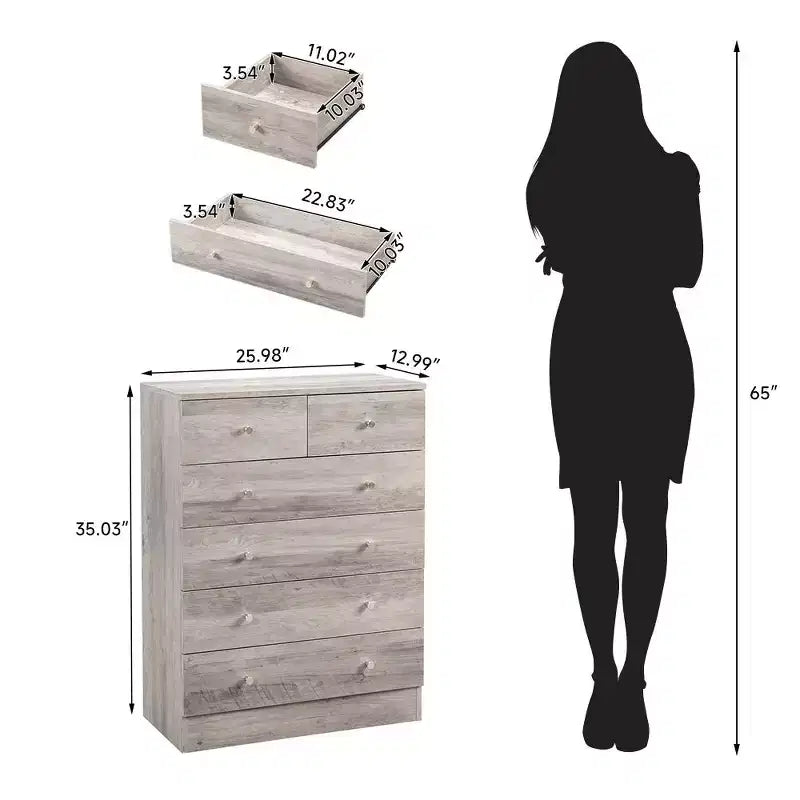 Cassettiera a 6 cassetti in truciolato grigio da 66 cm (25,98 pollici) di larghezza