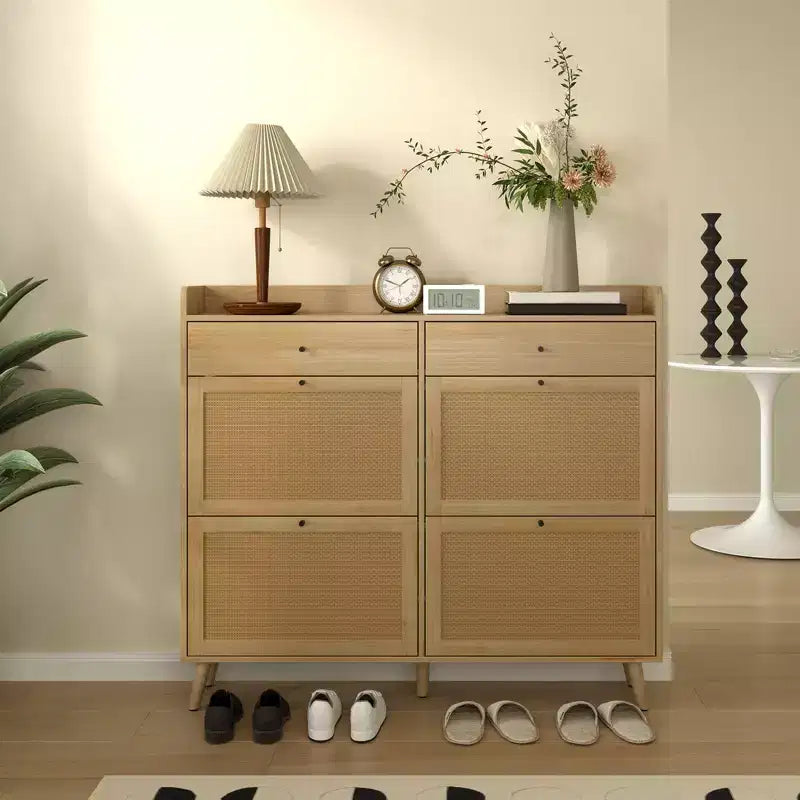 CuisinSmart Wood Shoe Cabinet with 4 Natural Rattan Flip Drawers & 2 Drawers, Hidden Free-Standing Shoe Rack for Entryway Hallway Living Room