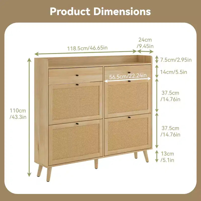 Scarpiera in legno con 4 cassetti ribaltabili in rattan naturale e 2 cassetti, scarpiera a scomparsa autoportante per ingresso, corridoio, soggiorno