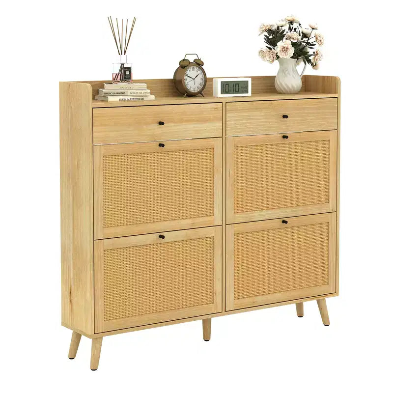 Scarpiera in legno con 4 cassetti ribaltabili in rattan naturale e 2 cassetti, scarpiera a scomparsa autoportante per ingresso, corridoio, soggiorno