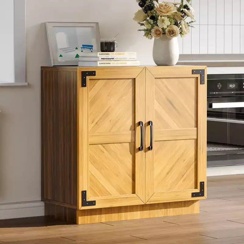 TROPOW 31.5 Farmhouse Sideboard Buffet Cabinet C Oak & Black Storage Cabinet with Adjustable Shelf for Kitchen, Living & Dining Room