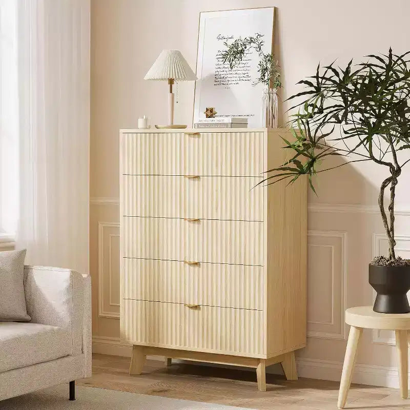 Acekool 5 Drawer Storage Cabinet, 32 Tall Mid Century Modern Fluted Dresser, Oak Chest for Bedroom, Living Room, Hallway