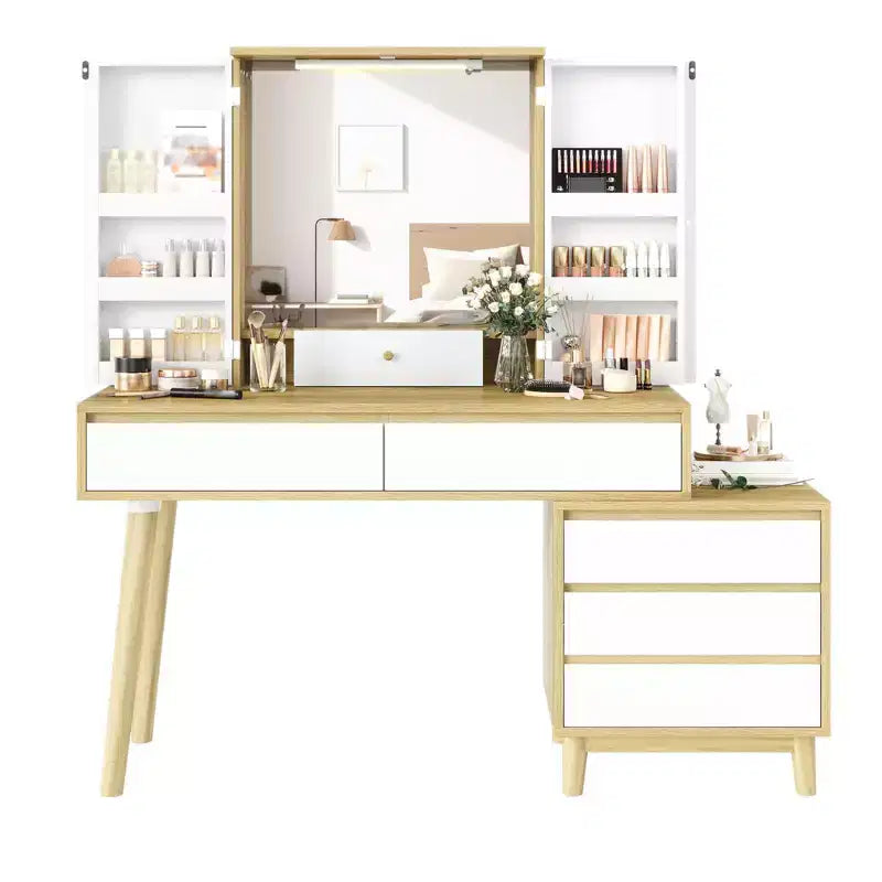 Toeletta, postazione trucco - con specchio e luci, 7 cassetti