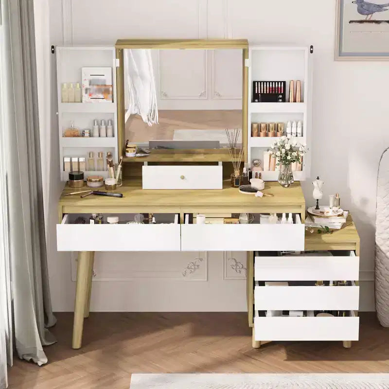 Toeletta, postazione trucco - con specchio e luci, 7 cassetti