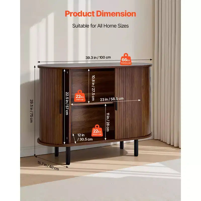 Mobile bar/credenza a buffet scanalato di metà secolo con 2 ante scorrevoli, noce
