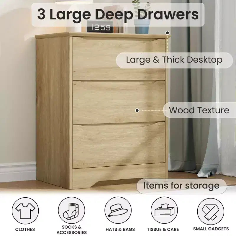 Comò a 3 cassetti per camera da letto, cassettiera in legno alta 75 cm, comodino con cassetti, organizer per vestiti per camera da letto, corridoio