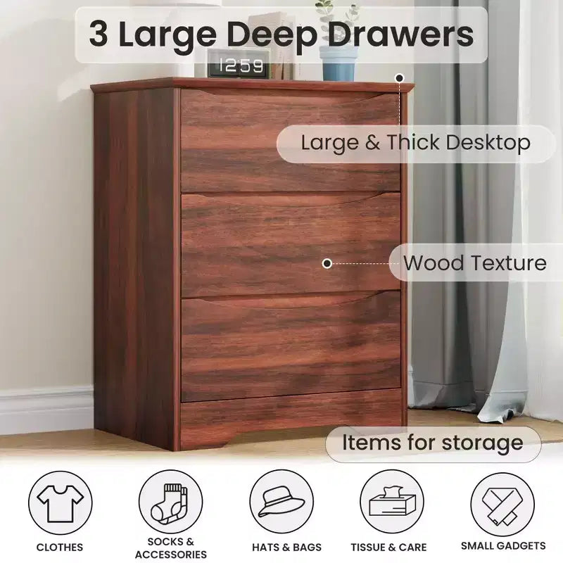 Comò a 3 cassetti per camera da letto, cassettiera in legno alta 75 cm, comodino con cassetti, organizer per vestiti per camera da letto, corridoio