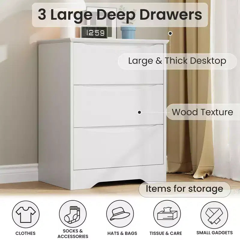 Comò a 3 cassetti per camera da letto, cassettiera in legno alta 75 cm, comodino con cassetti, organizer per vestiti per camera da letto, corridoio