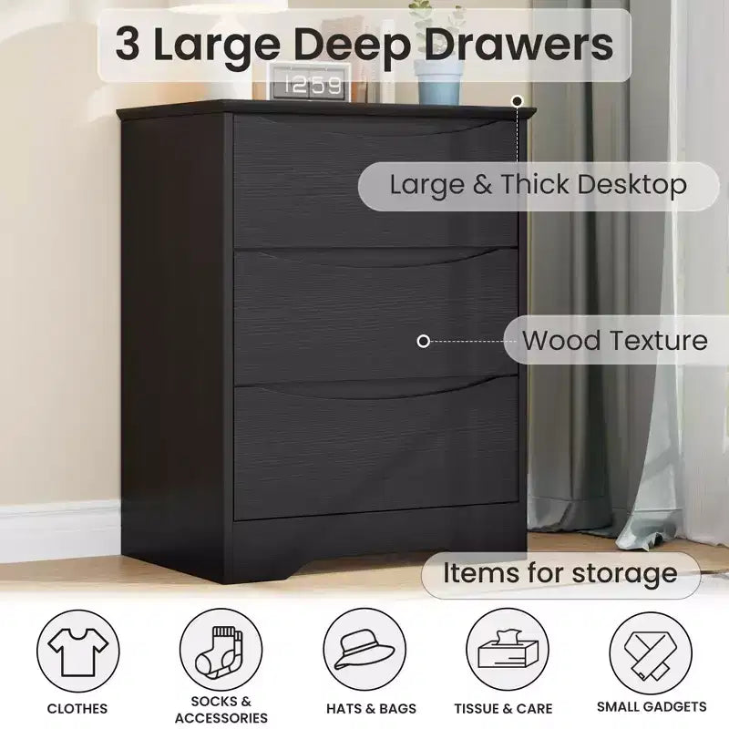 Comò a 3 cassetti per camera da letto, cassettiera in legno alta 75 cm, comodino con cassetti, organizer per vestiti per camera da letto, corridoio