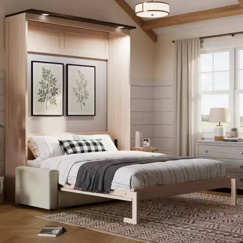 Polibi Queen Murphy Bed Cabinet with Linen Sofa & LED Lights