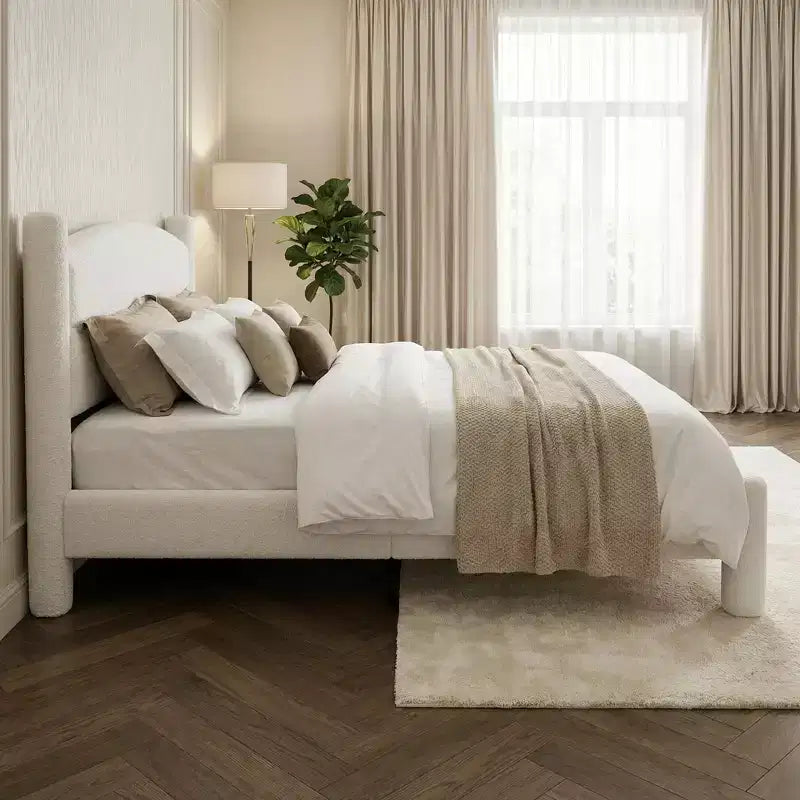 Struttura Letto Imbottita in Bouclé, Letto a Piattaforma Cloud con Morbida Testiera Rotonda, Resistente, Silenzioso, Nessuna Rete a Molle Necessaria, Facile Montaggio