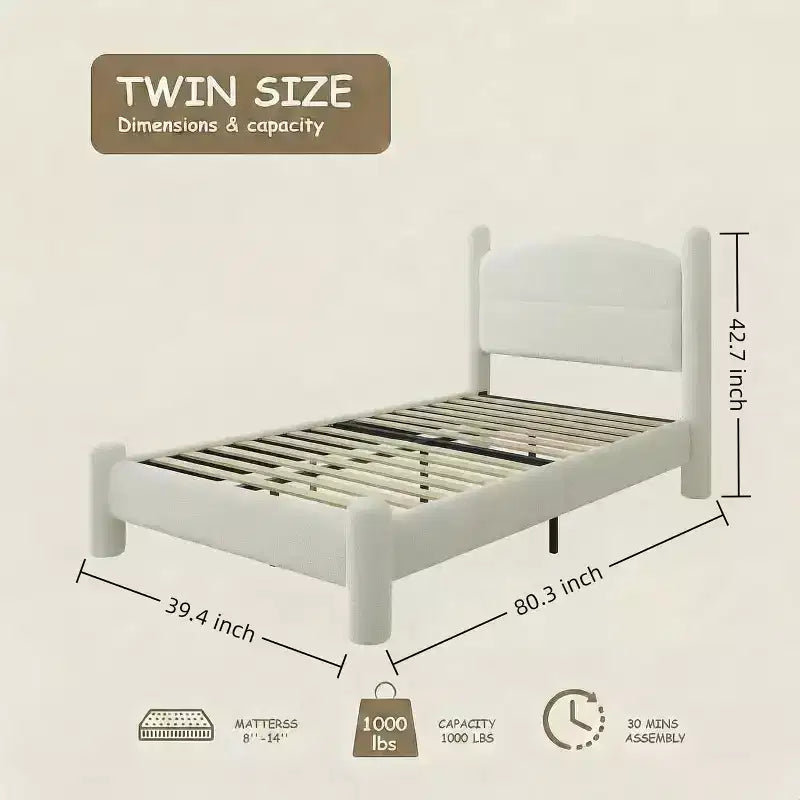 Struttura Letto Imbottita in Bouclé, Letto a Piattaforma Cloud con Morbida Testiera Rotonda, Resistente, Silenzioso, Nessuna Rete a Molle Necessaria, Facile Montaggio