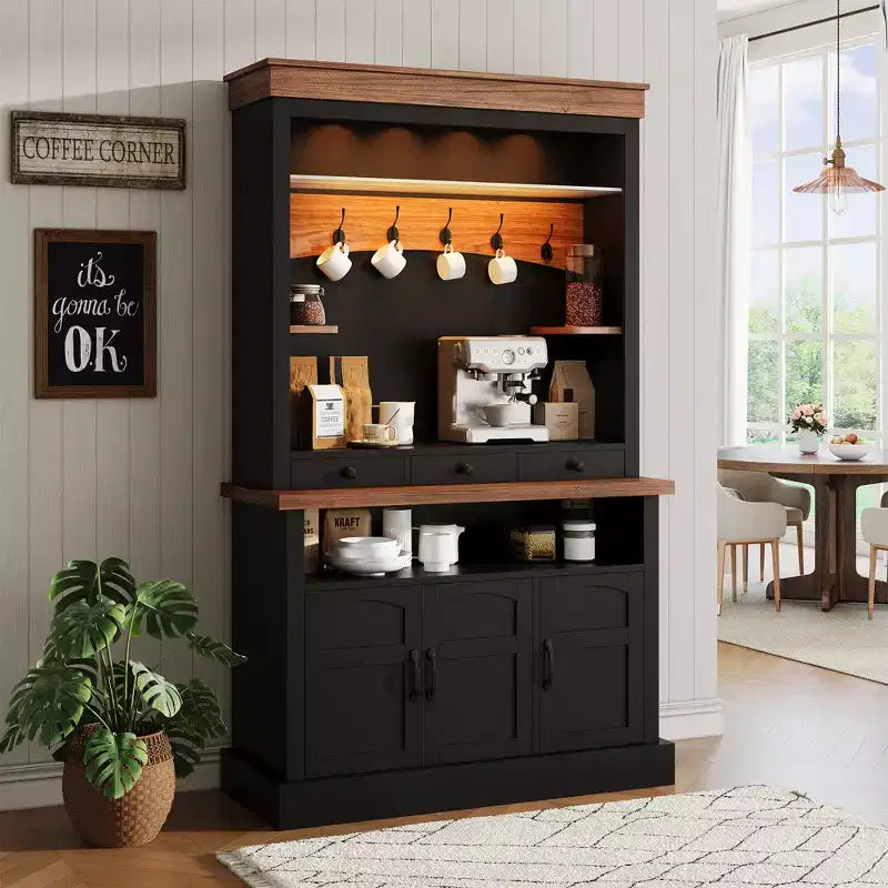 72'' Tall Coffee Bar Cabinet with LED Lights, Adjustable Shelves, Drawers, Glass Shelf, Ample Storage Sideboard Buffet for Living or Dining Room