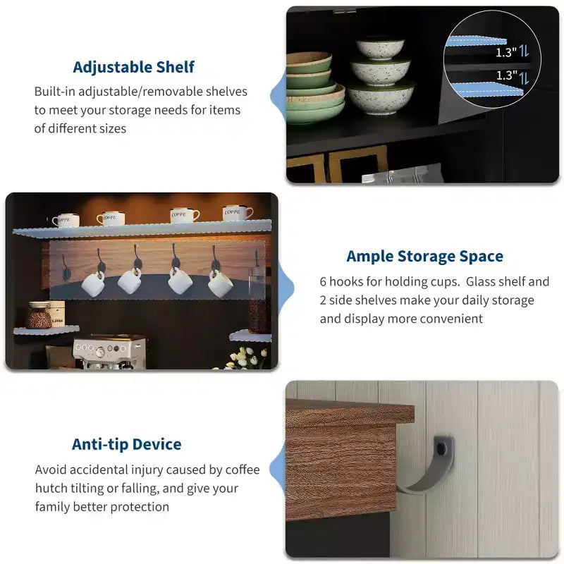 Mobile credenza da bar con luci a LED da 72'' di altezza, ripiani regolabili, cassetti, ripiano in vetro, ampio spazio di archiviazione per soggiorno o sala da pranzo