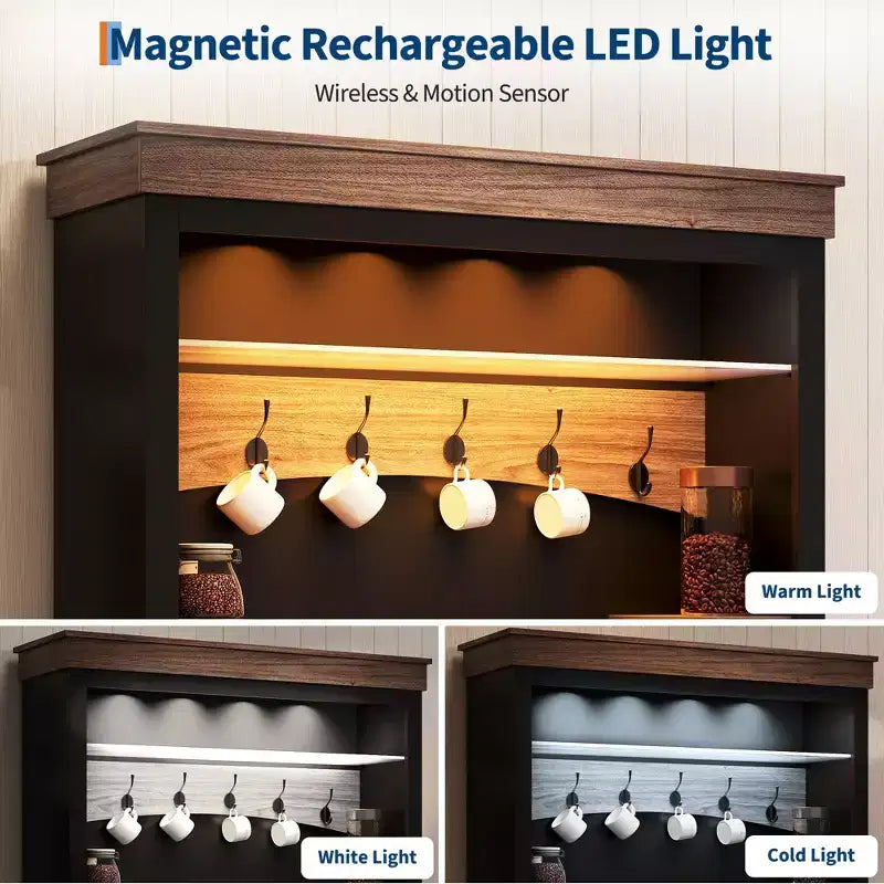 Mobile credenza da bar con luci a LED da 72'' di altezza, ripiani regolabili, cassetti, ripiano in vetro, ampio spazio di archiviazione per soggiorno o sala da pranzo