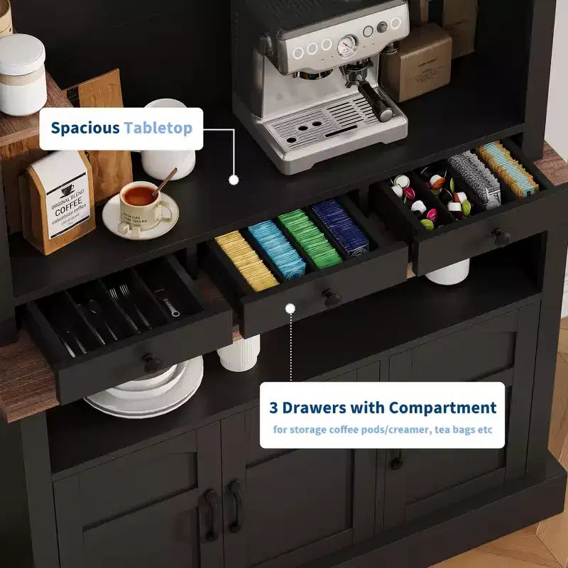 Mobile credenza da bar con luci a LED da 72'' di altezza, ripiani regolabili, cassetti, ripiano in vetro, ampio spazio di archiviazione per soggiorno o sala da pranzo
