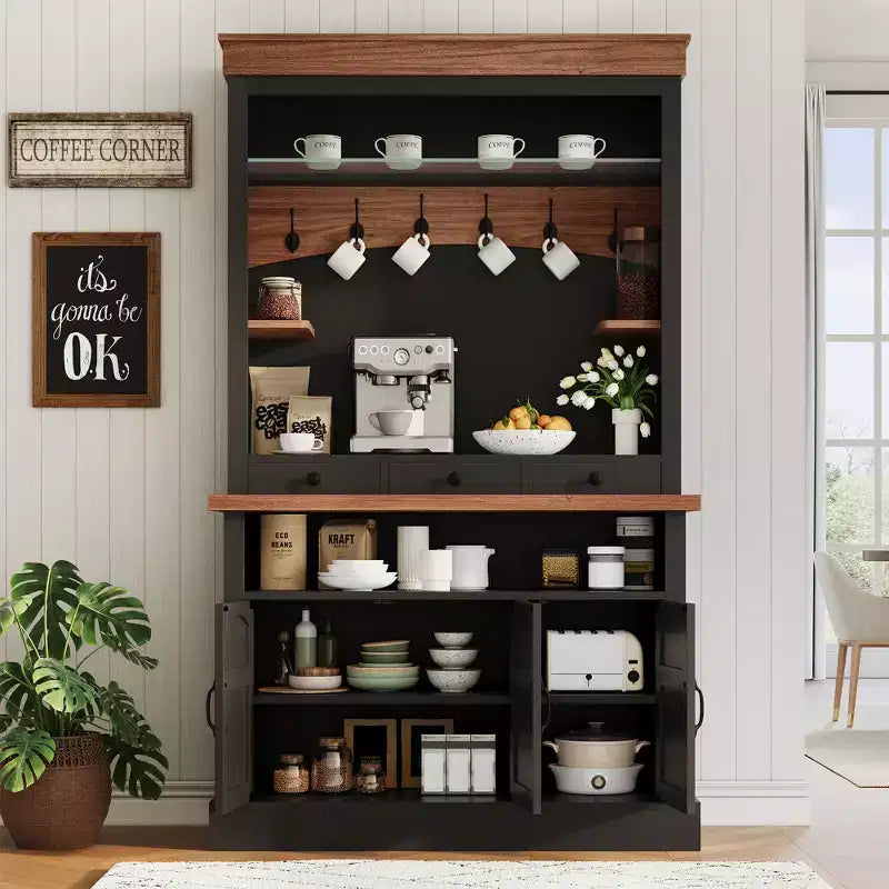 Mobile credenza da bar con luci a LED da 72'' di altezza, ripiani regolabili, cassetti, ripiano in vetro, ampio spazio di archiviazione per soggiorno o sala da pranzo
