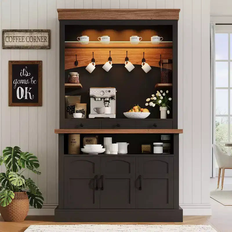 Mobile credenza da bar con luci a LED da 72'' di altezza, ripiani regolabili, cassetti, ripiano in vetro, ampio spazio di archiviazione per soggiorno o sala da pranzo
