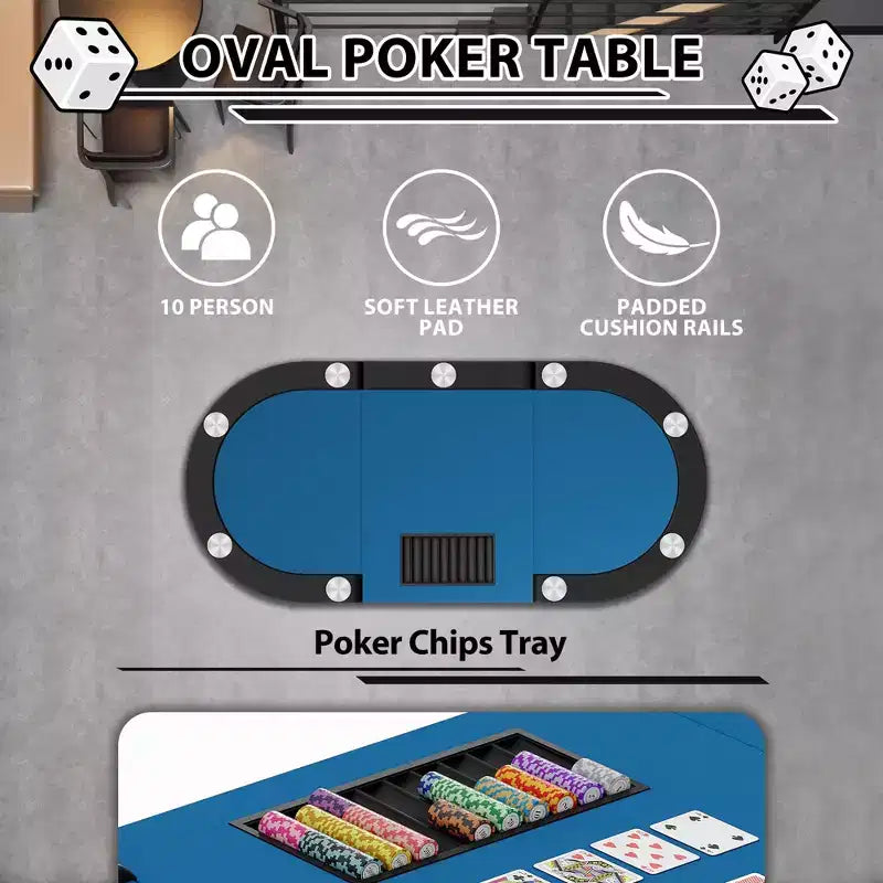 Tavolo da poker ovale per 10 persone - Gambe pieghevoli in metallo - 9 portabicchieri in acciaio inossidabile - Bordo imbottito impermeabile