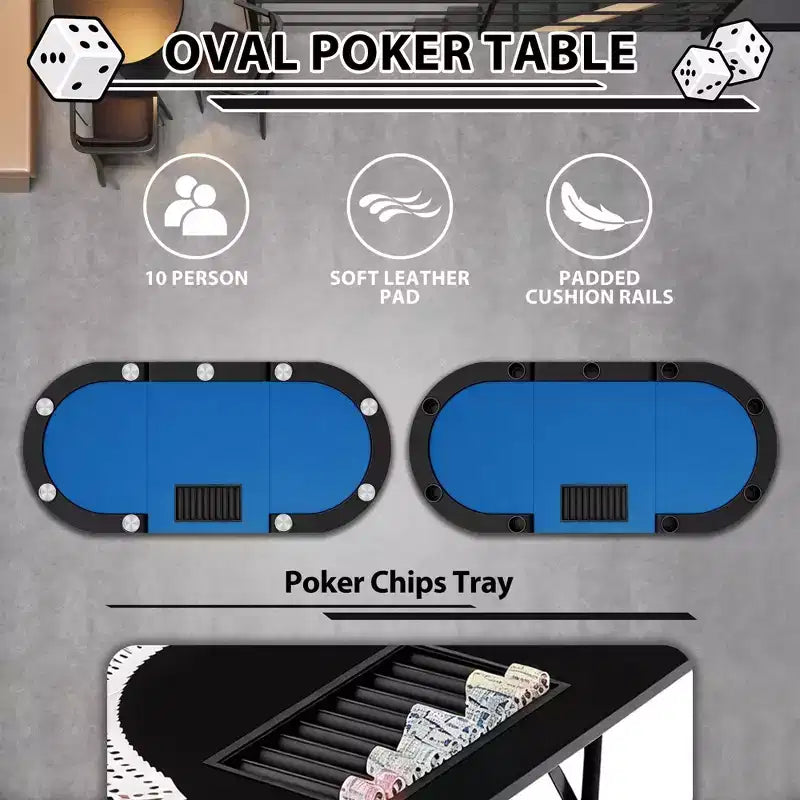 Tavolo da poker ovale per 10 persone - Gambe pieghevoli in metallo - 9 portabicchieri in acciaio inossidabile - Bordo imbottito impermeabile