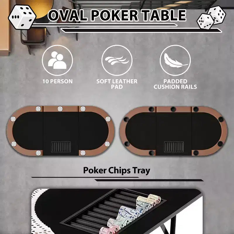 Tavolo da poker ovale per 10 persone - Gambe pieghevoli in metallo - 9 portabicchieri in acciaio inossidabile - Bordo imbottito impermeabile