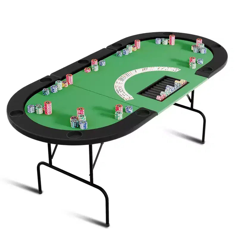 Tavolo da poker ovale per 10 persone - Gambe pieghevoli in metallo - 9 portabicchieri in acciaio inossidabile - Bordo imbottito impermeabile