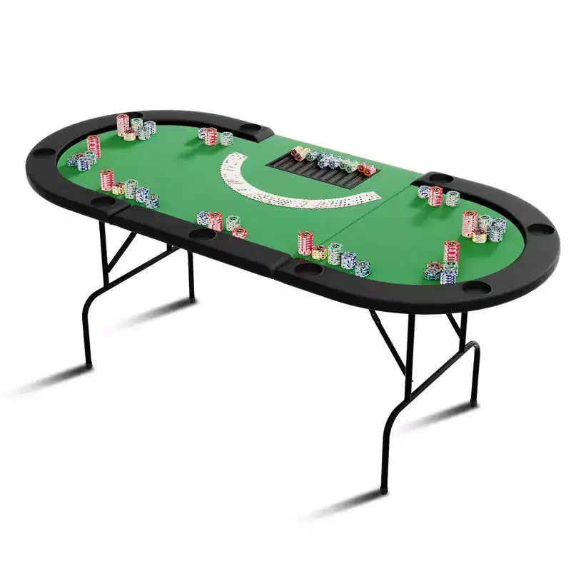 Tavolo da poker ovale per 10 persone - Gambe pieghevoli in metallo - 9 portabicchieri in acciaio inossidabile - Bordo imbottito impermeabile
