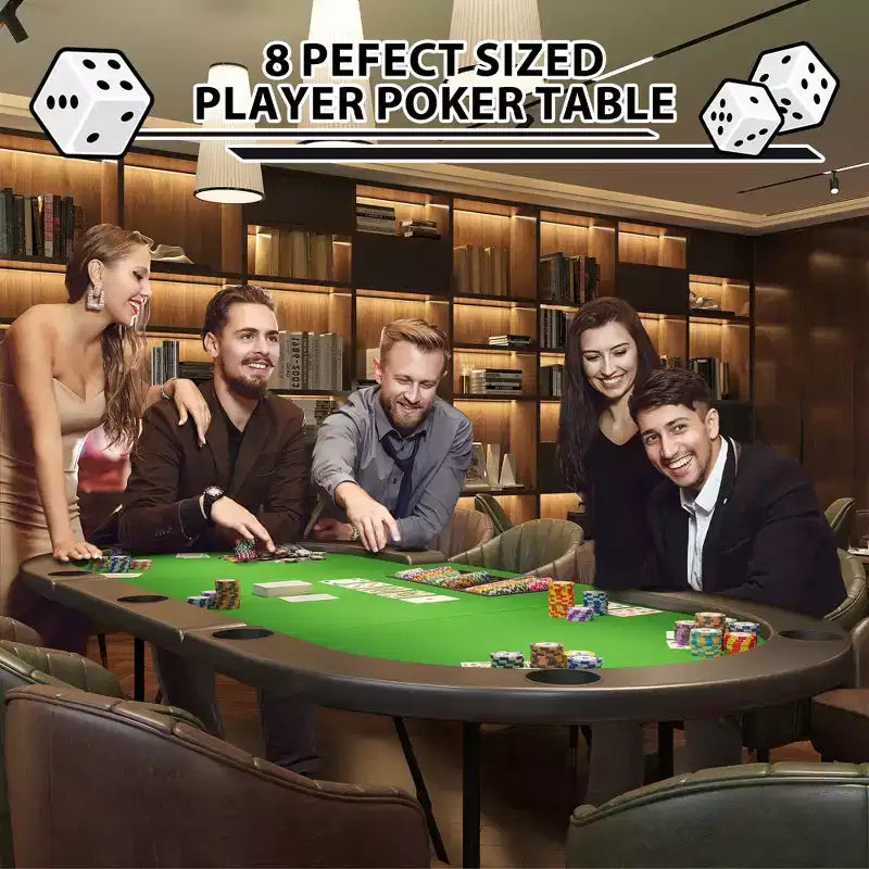 Tavolo da poker ovale per 10 persone - Gambe pieghevoli in metallo - 9 portabicchieri in acciaio inossidabile - Bordo imbottito impermeabile