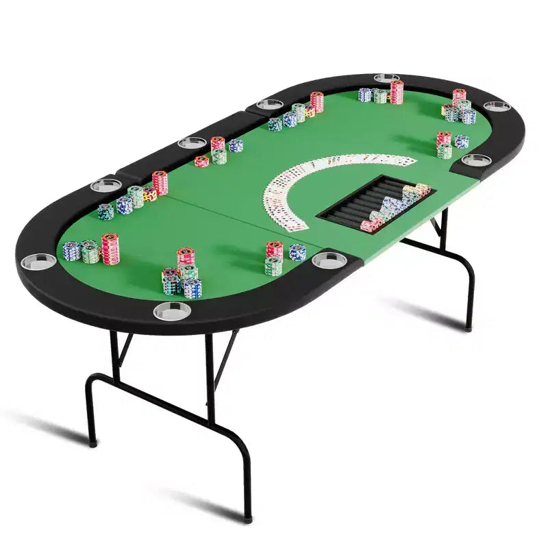 Tavolo da poker ovale per 10 persone - Gambe pieghevoli in metallo - 9 portabicchieri in acciaio inossidabile - Bordo imbottito impermeabile