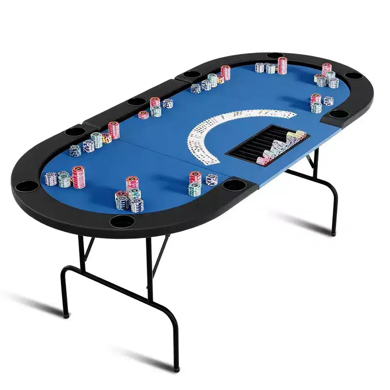 Oval poker table for 10 people - Foldable metal legs - 9 stainless steel cup holders - Waterproof padded rim
