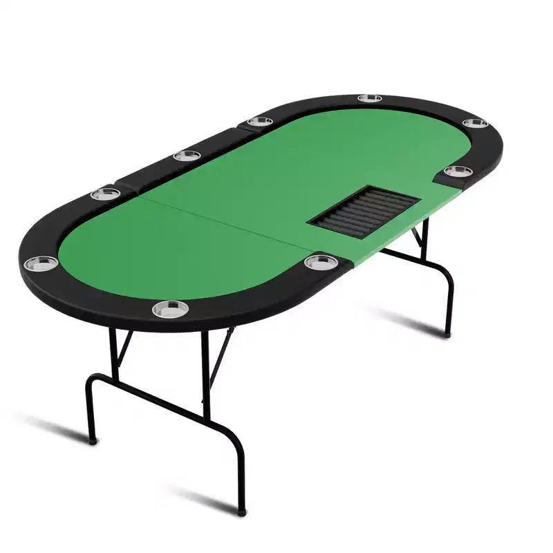 Tavolo da poker ovale per 10 persone - Gambe pieghevoli in metallo - 9 portabicchieri in acciaio inossidabile - Bordo imbottito impermeabile