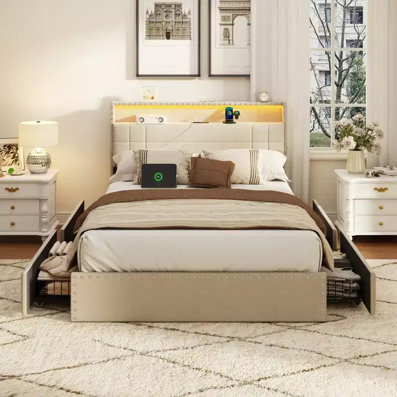 Modern Full Bed Frame with Charging Station 4 Storage Drawers LED Lights Beige Upholstered Platform Headboard Metal Slats No Box Spring USB