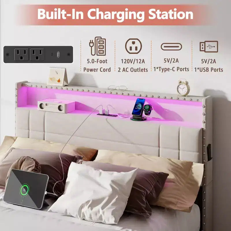 Struttura Letto Matrimoniale Moderna con Stazione di Ricarica 4 Cassetti Contenitore Luci LED Testiera Imbottita Beige con Piattaforma Doghe in Metallo Nessuna Rete a Molle USB
