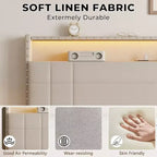 Struttura Letto Matrimoniale Moderna con Stazione di Ricarica 4 Cassetti Contenitore Luci LED Testiera Imbottita Beige con Piattaforma Doghe in Metallo Nessuna Rete a Molle USB