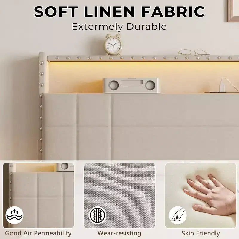 Struttura Letto Matrimoniale Moderna con Stazione di Ricarica 4 Cassetti Contenitore Luci LED Testiera Imbottita Beige con Piattaforma Doghe in Metallo Nessuna Rete a Molle USB
