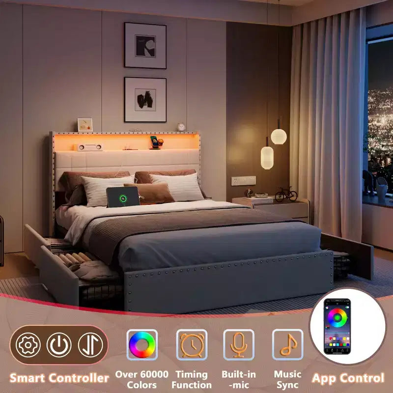 Struttura Letto Matrimoniale Moderna con Stazione di Ricarica 4 Cassetti Contenitore Luci LED Testiera Imbottita Beige con Piattaforma Doghe in Metallo Nessuna Rete a Molle USB