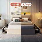 Struttura Letto Matrimoniale Moderna con Stazione di Ricarica 4 Cassetti Contenitore Luci LED Testiera Imbottita Beige con Piattaforma Doghe in Metallo Nessuna Rete a Molle USB