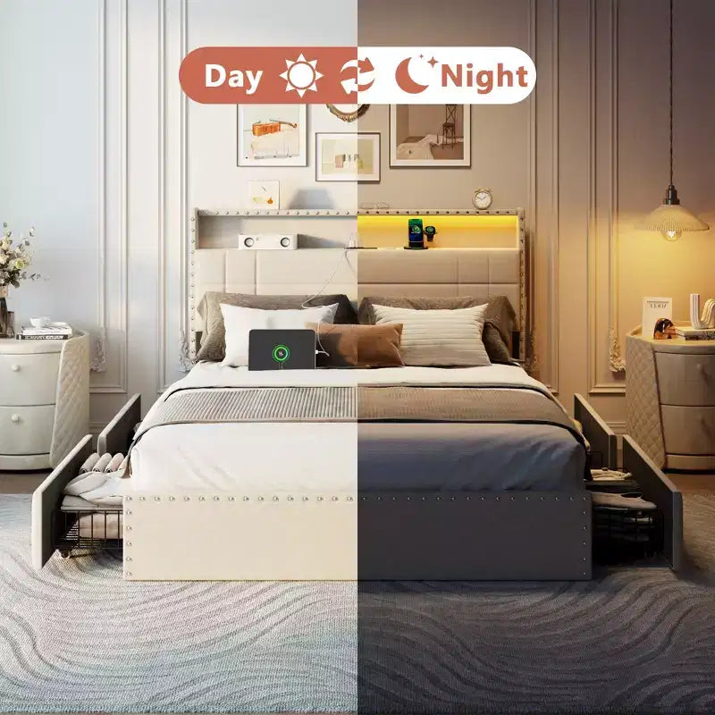 Struttura Letto Matrimoniale Moderna con Stazione di Ricarica 4 Cassetti Contenitore Luci LED Testiera Imbottita Beige con Piattaforma Doghe in Metallo Nessuna Rete a Molle USB
