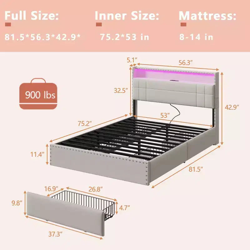 Struttura Letto Matrimoniale Moderna con Stazione di Ricarica 4 Cassetti Contenitore Luci LED Testiera Imbottita Beige con Piattaforma Doghe in Metallo Nessuna Rete a Molle USB