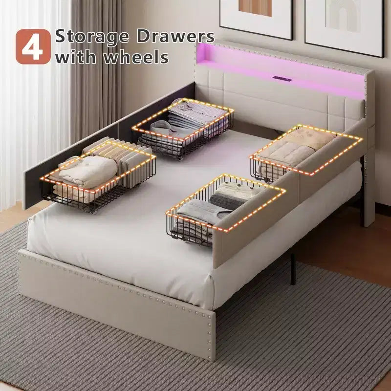 Struttura Letto Matrimoniale Moderna con Stazione di Ricarica 4 Cassetti Contenitore Luci LED Testiera Imbottita Beige con Piattaforma Doghe in Metallo Nessuna Rete a Molle USB