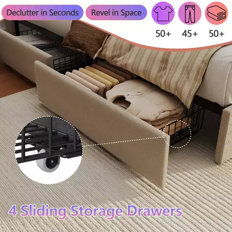 Struttura Letto Matrimoniale Moderna con Stazione di Ricarica 4 Cassetti Contenitore Luci LED Testiera Imbottita Beige con Piattaforma Doghe in Metallo Nessuna Rete a Molle USB