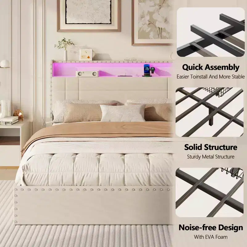 Struttura Letto Matrimoniale Moderna con Stazione di Ricarica 4 Cassetti Contenitore Luci LED Testiera Imbottita Beige con Piattaforma Doghe in Metallo Nessuna Rete a Molle USB