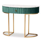 Baxton Studio 1 Drawer Beale Velvet Upholstered and Brushed Console Table Green/Gold: Faux Marble Top, MDF Frame