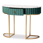 Consolle 1 cassetto imbottita in velluto verde/oro - Piano effetto marmo, struttura in MDF