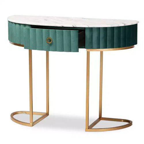 Consolle 1 cassetto imbottita in velluto verde/oro - Piano effetto marmo, struttura in MDF