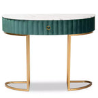 Consolle 1 cassetto imbottita in velluto verde/oro - Piano effetto marmo, struttura in MDF